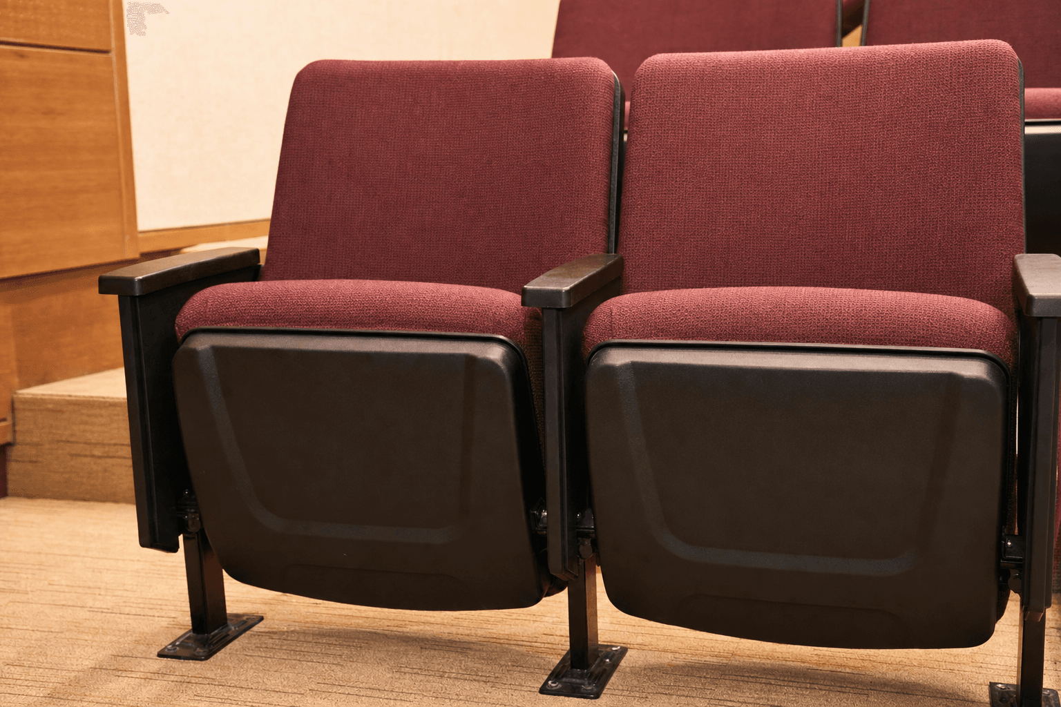 Row of theater seats with fabric upholstery in a modern auditorium