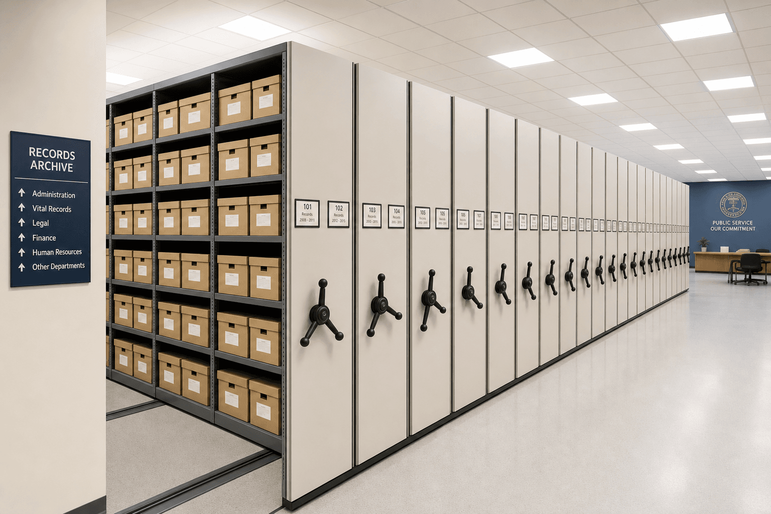 Wide view of a large archive room with multiple bays of high-density mobile compactor shelving