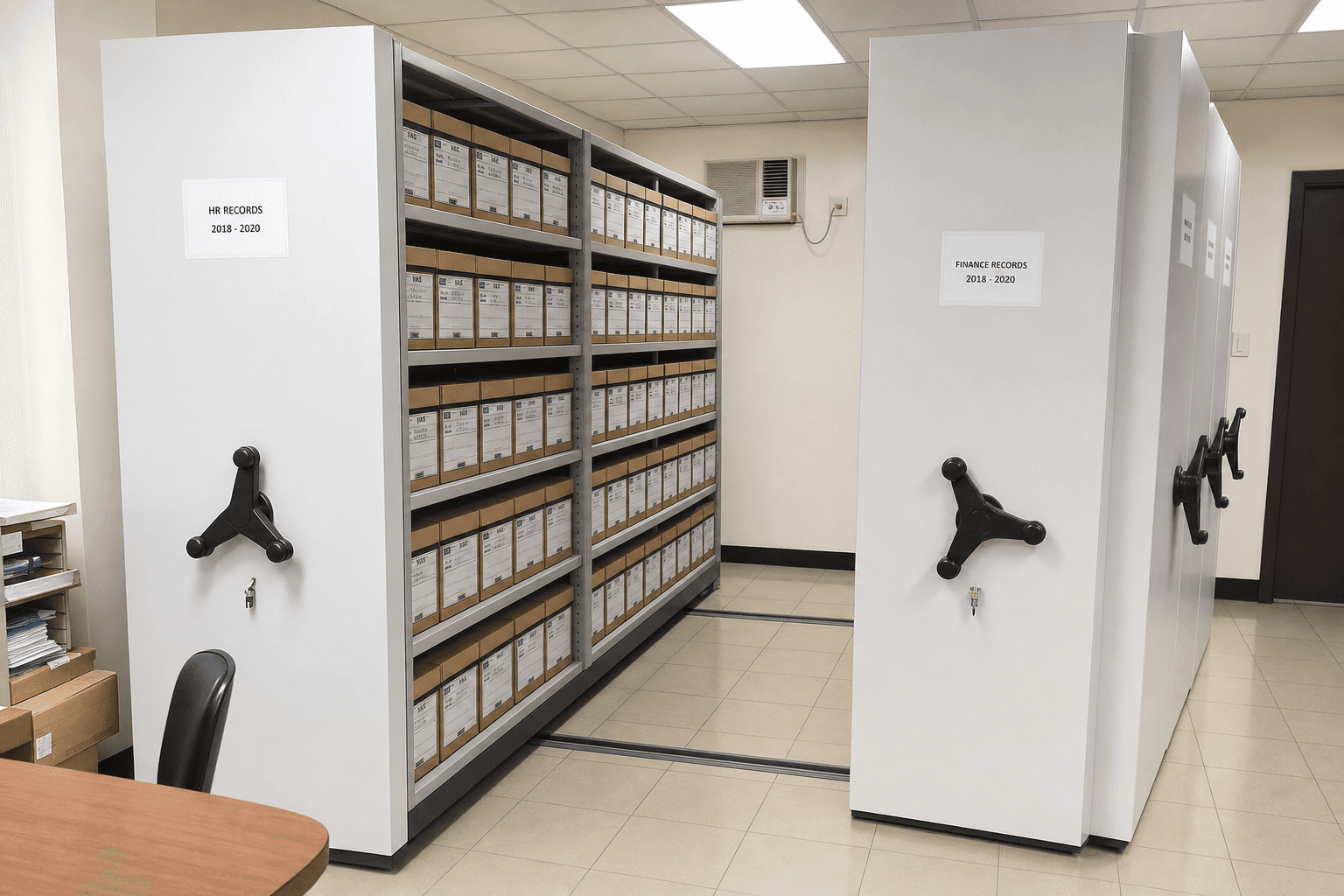 Commercial office record room with compact storage system