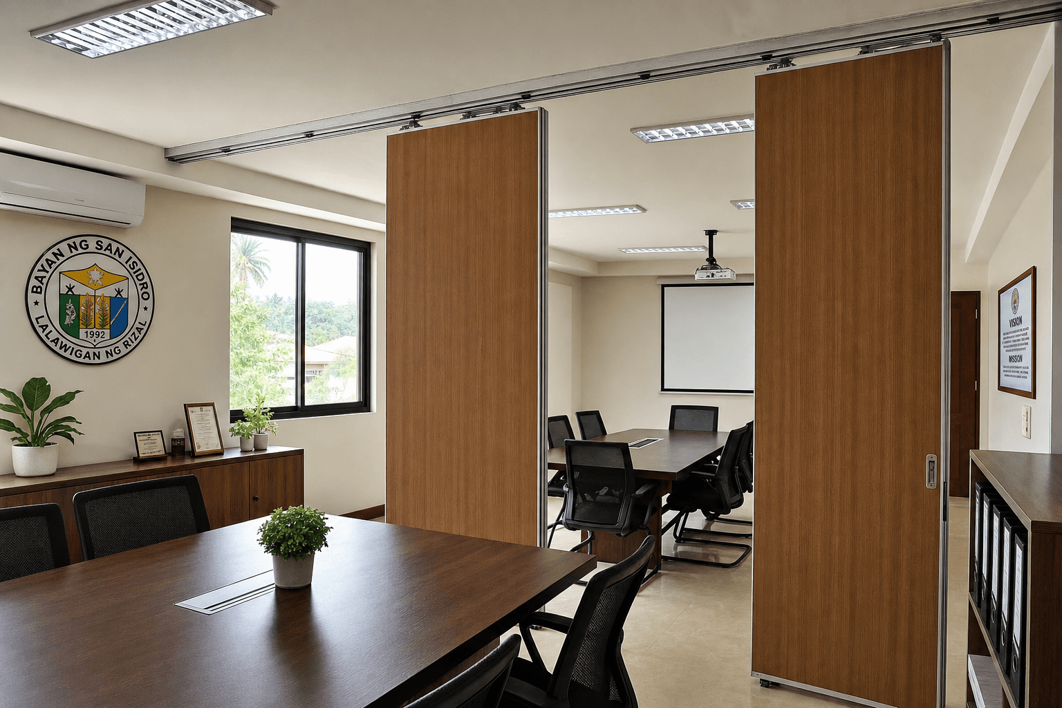 Wooden finish operable partition wall with top-hung track in a Philippine government office