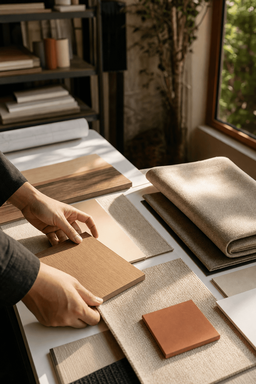 Close-up of hands arranging material finish samples on a worktable — fabric, wood, and tile swatches in warm neutral tones — representing the thoughtful selection process behind office fit-out projects