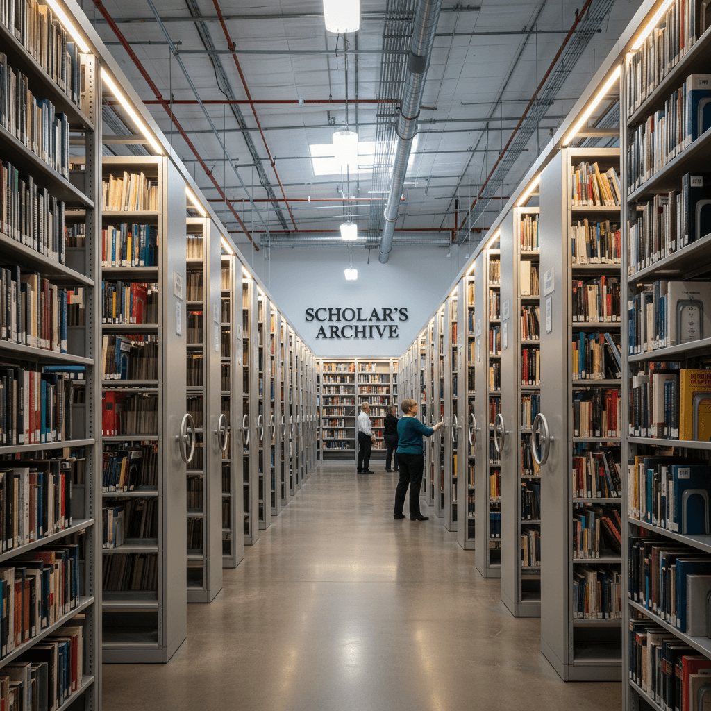 Large institutional library with high density compact storage shelving