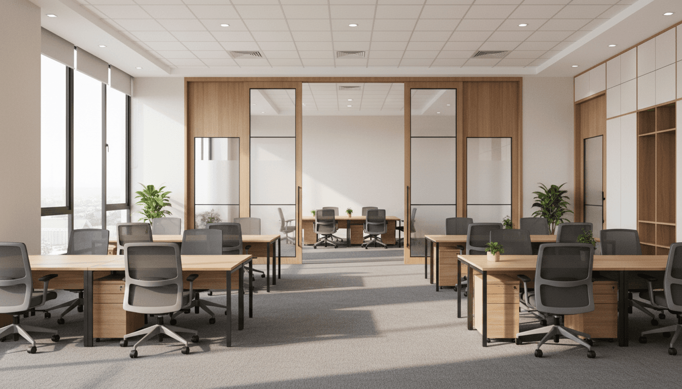 Bright office interior with modern desks, chairs, and an operable partition wall, photographed in natural daylight