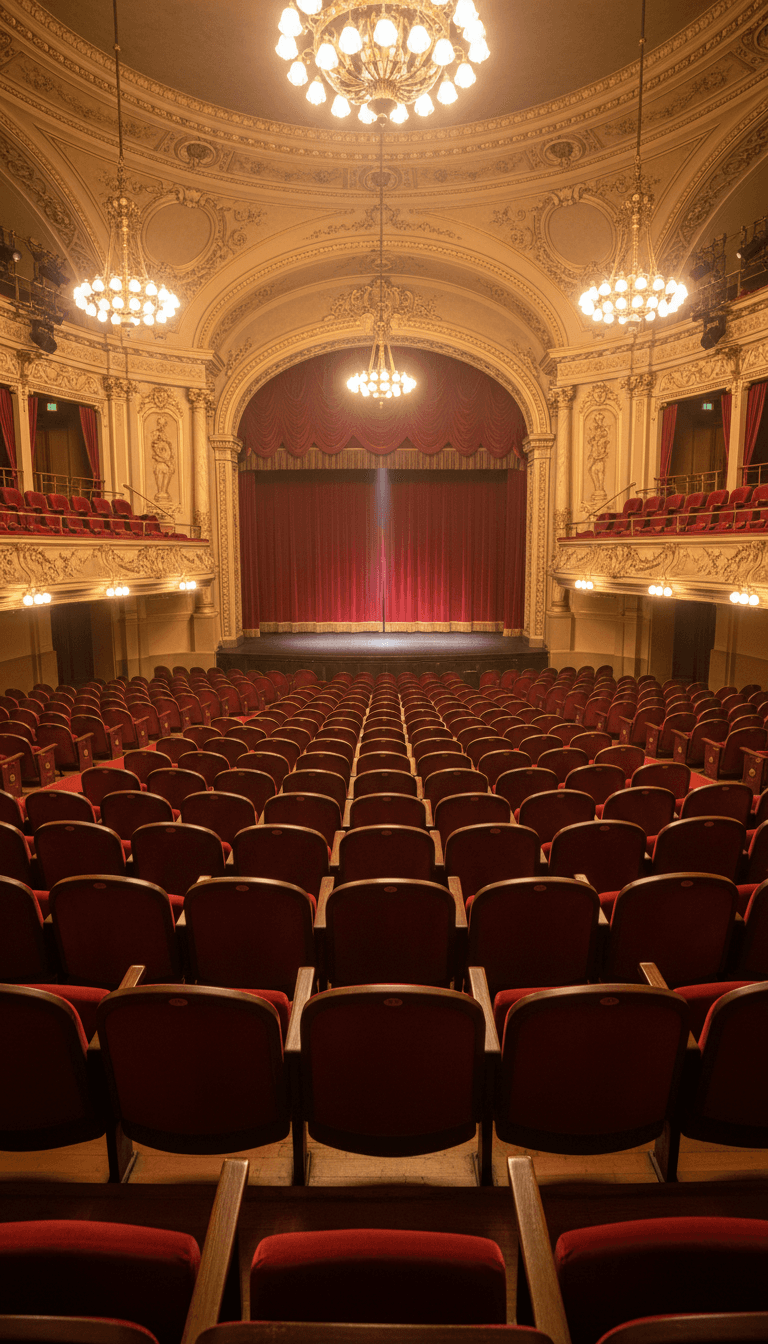 Rows of theater seats in a venue with warm ambient lighting