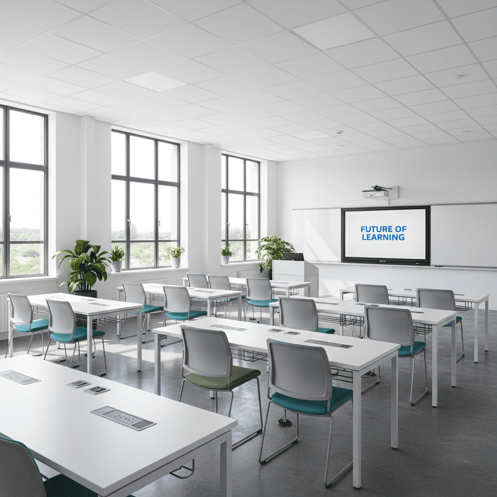 Bright university classroom with rows of modern desks and chairs