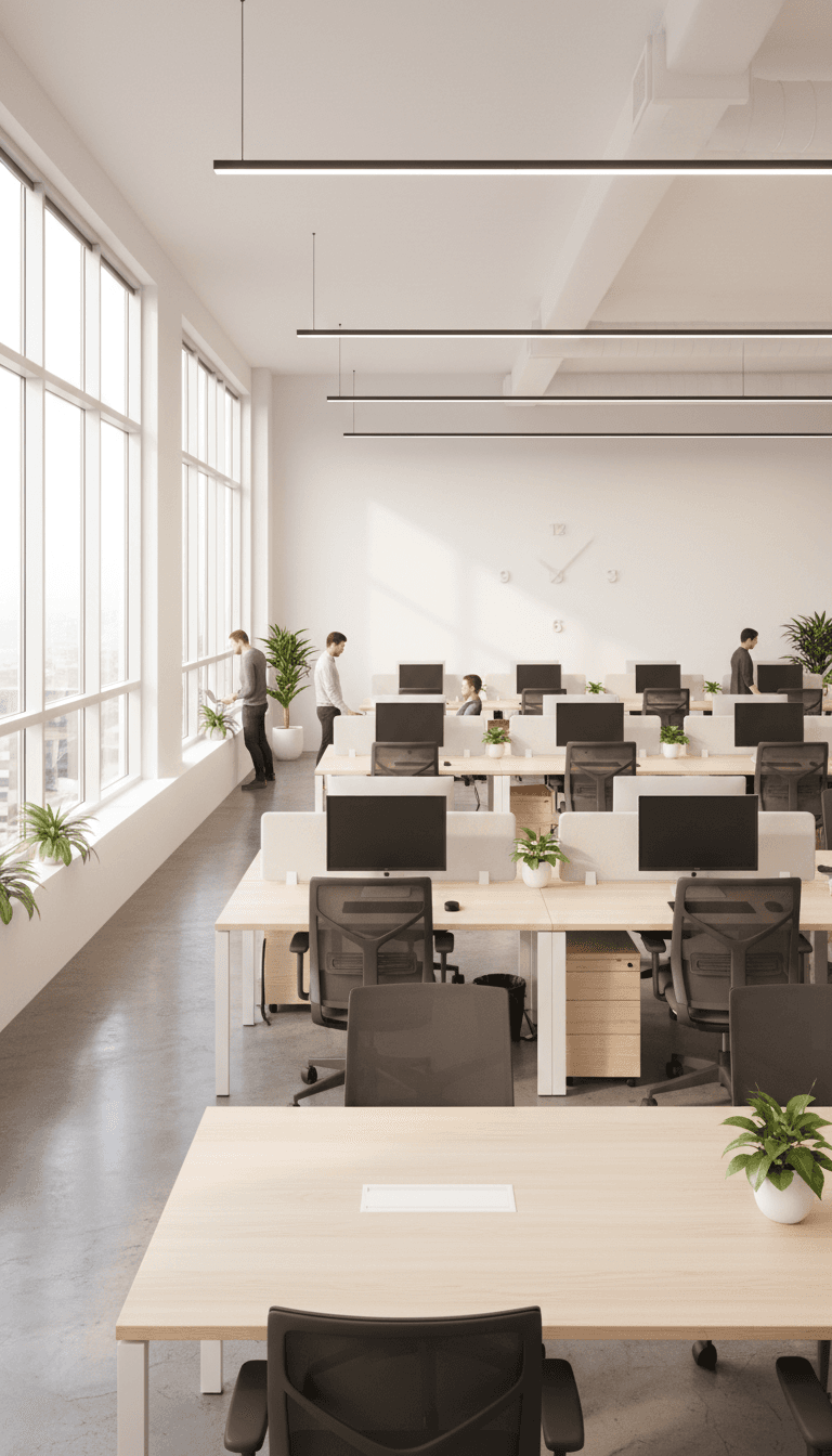 Open-plan office with workstations and task chairs