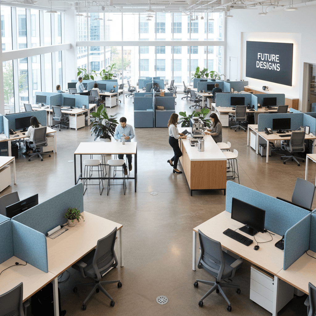 Large open-plan office with rows of workstations and ergonomic chairs