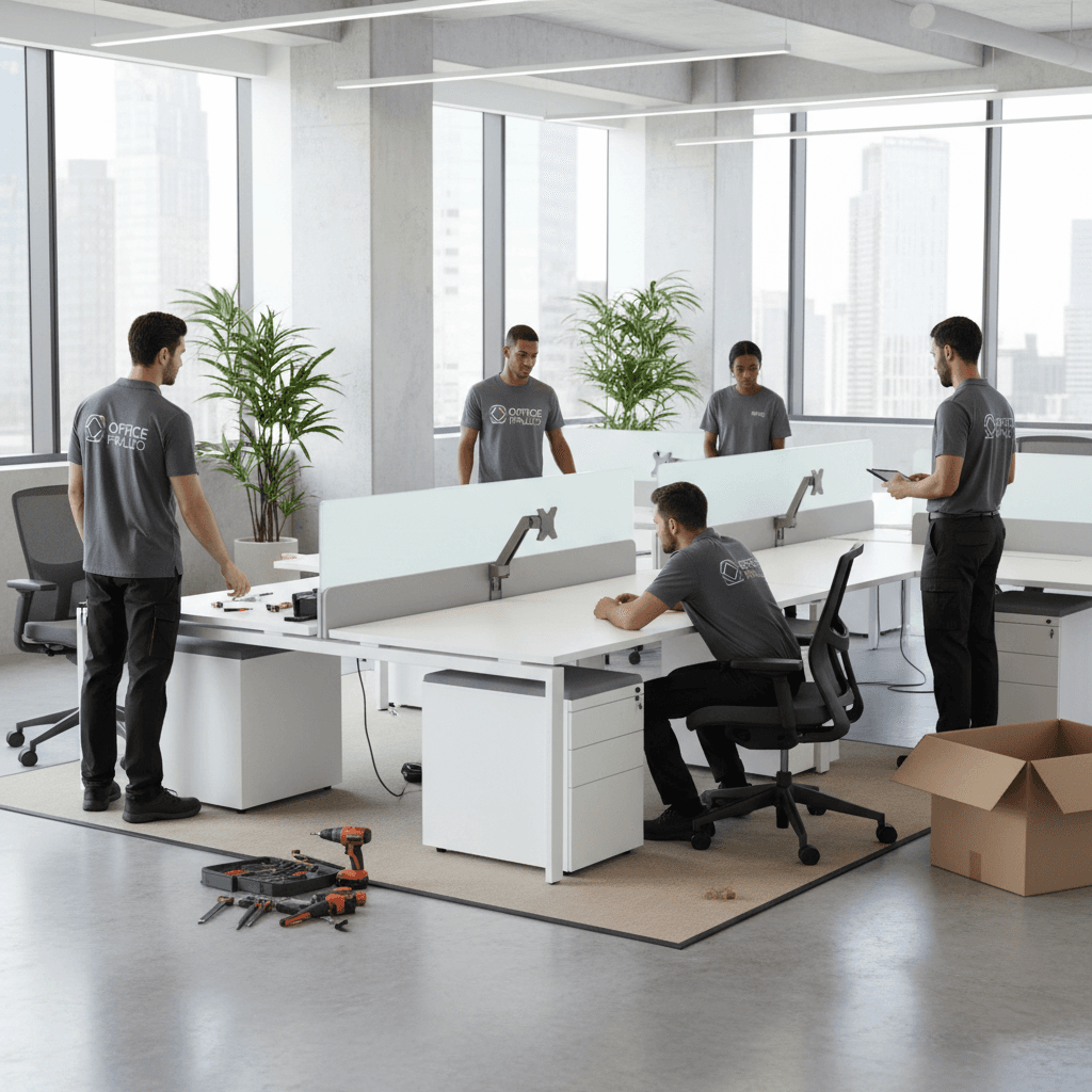 Furniture installation team setting up desks and chairs in an office