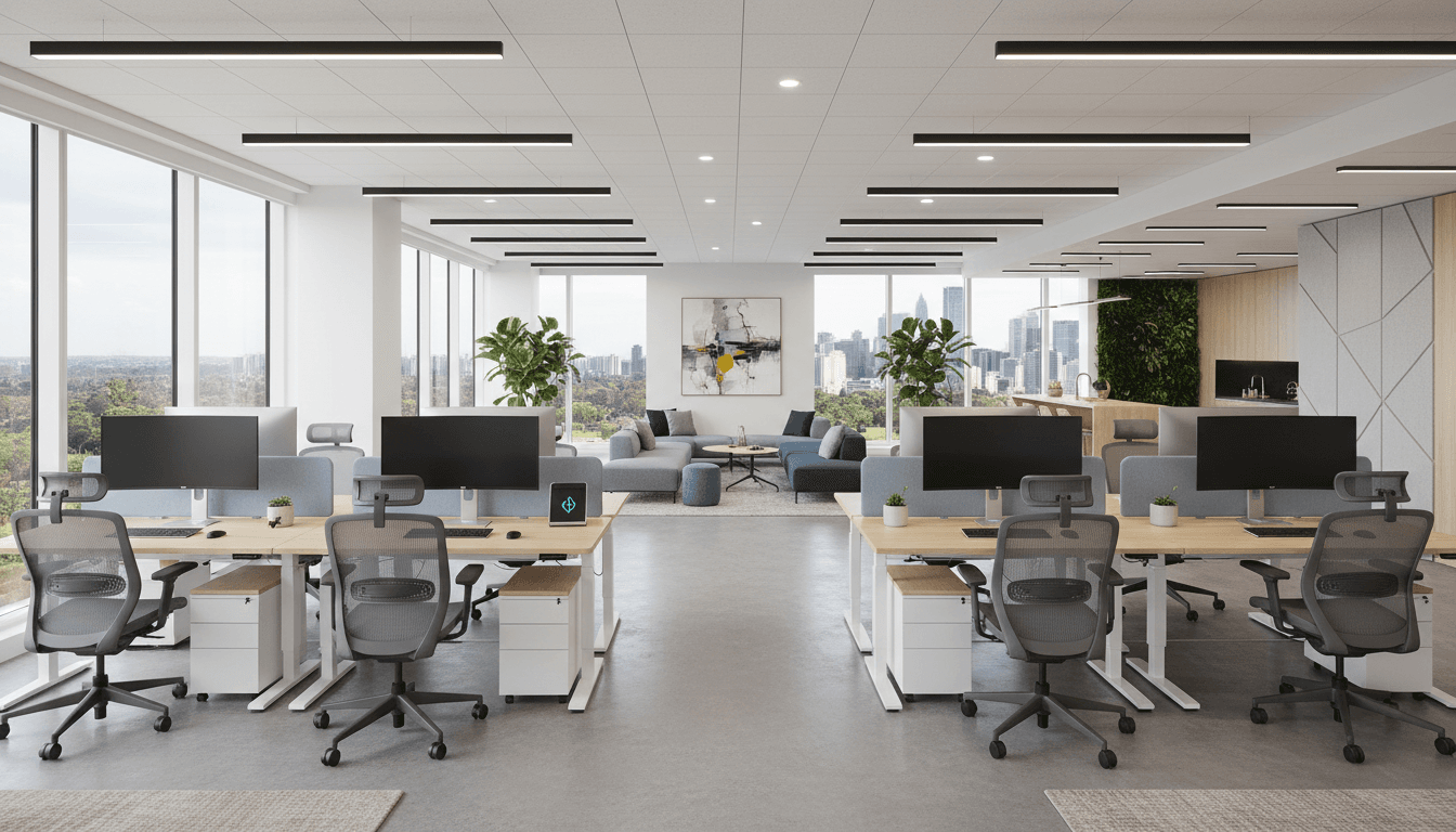 Modern office space with ergonomic chairs and plenty of natural light.