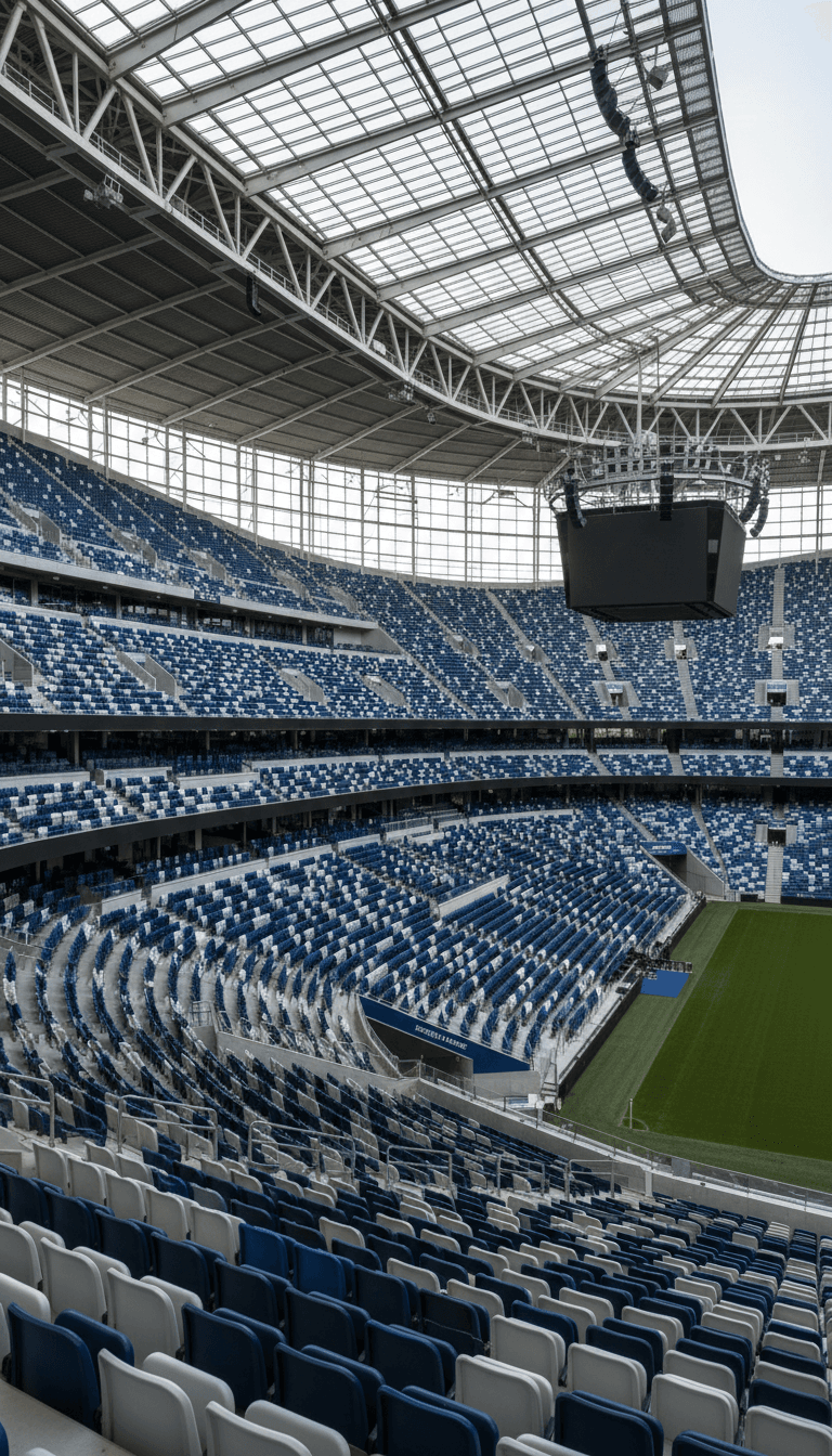 Empty stadium with rows of seats under natural light
