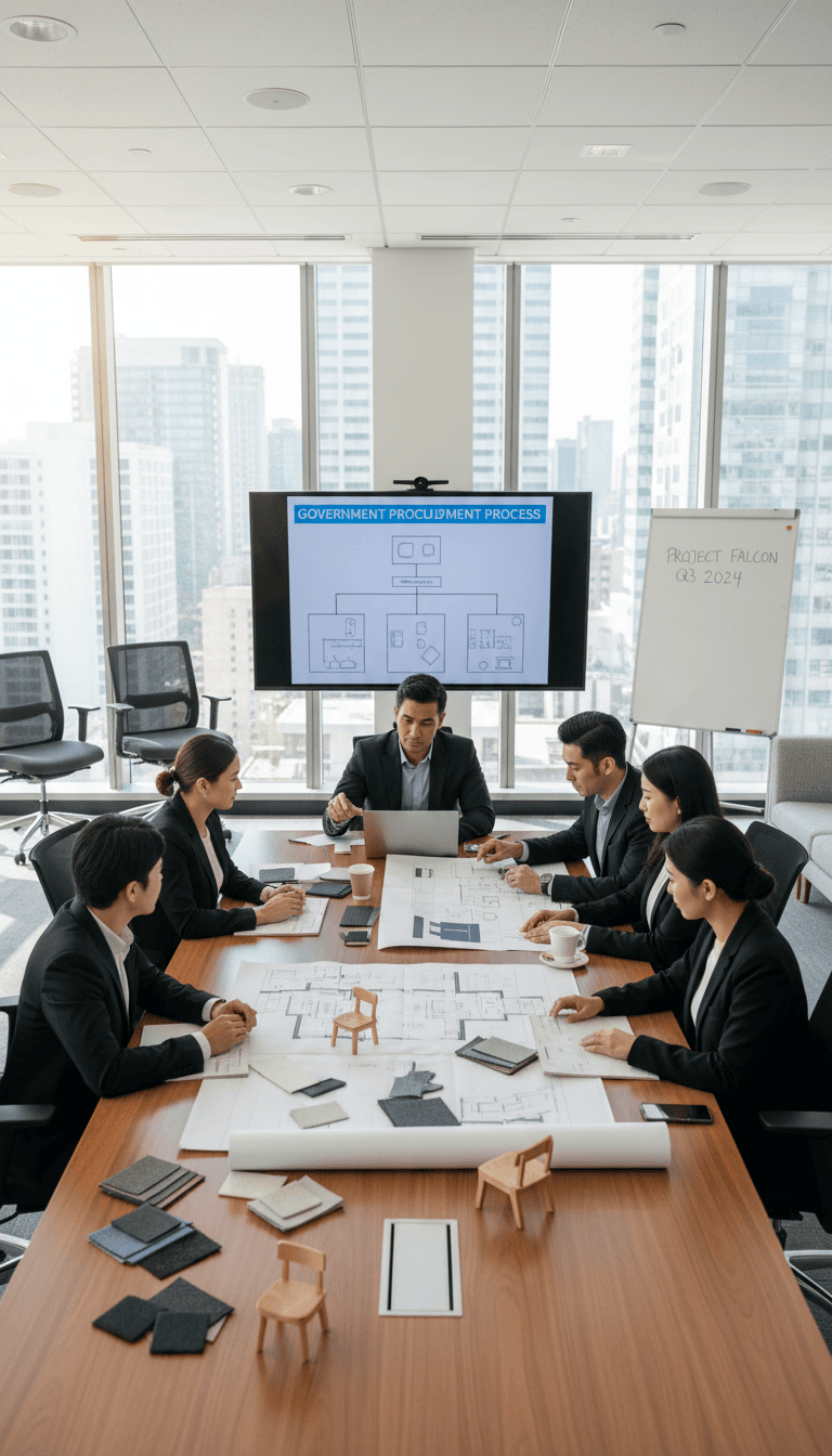 Government procurement meeting with furniture samples and project documents