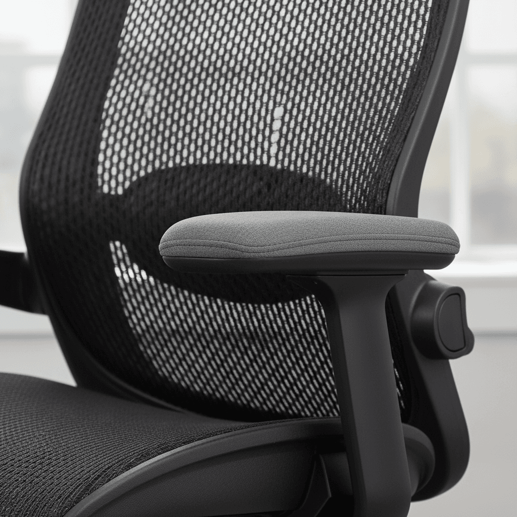 Detail of mesh back and padded armrest