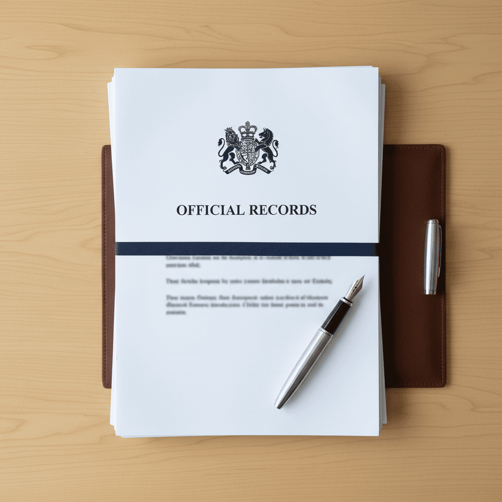 stack of official documents and pen on clean desk top view