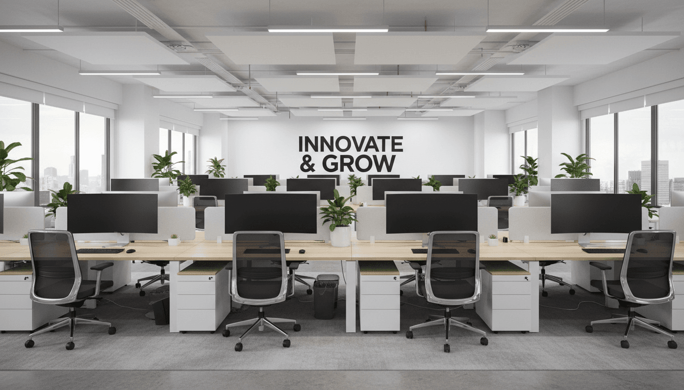 Modern office interior with desks and ergonomic chairs in a clean organized workspace