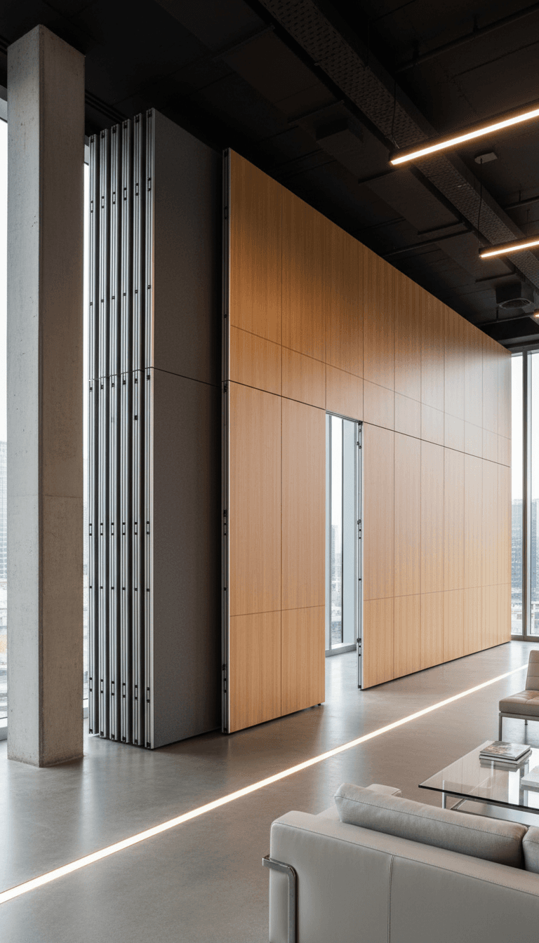 Wide view of a newly installed operable wall stack in an open-plan workspace