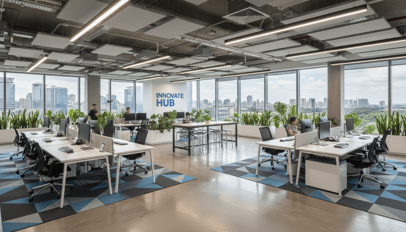 Modern open-plan office interior with workstations and seating