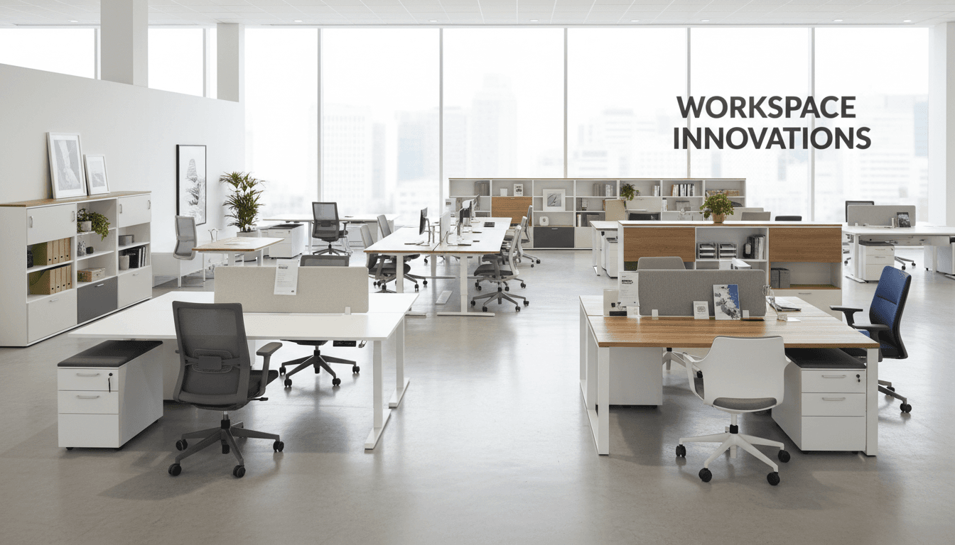 Modern office furniture showroom with desks, chairs, and storage systems