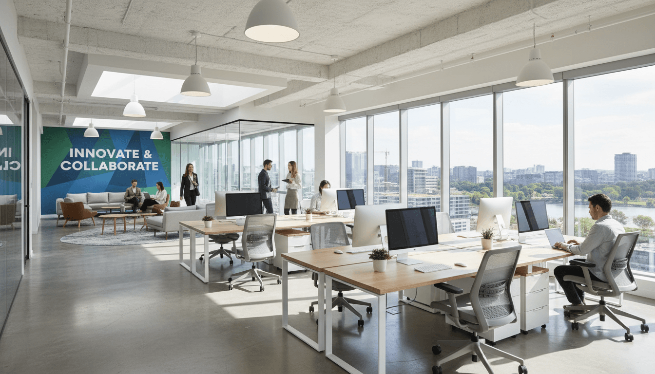 Modern open plan office with desks and chairs in natural light