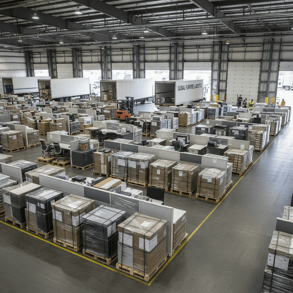 warehouse with office furniture pallets ready for delivery
