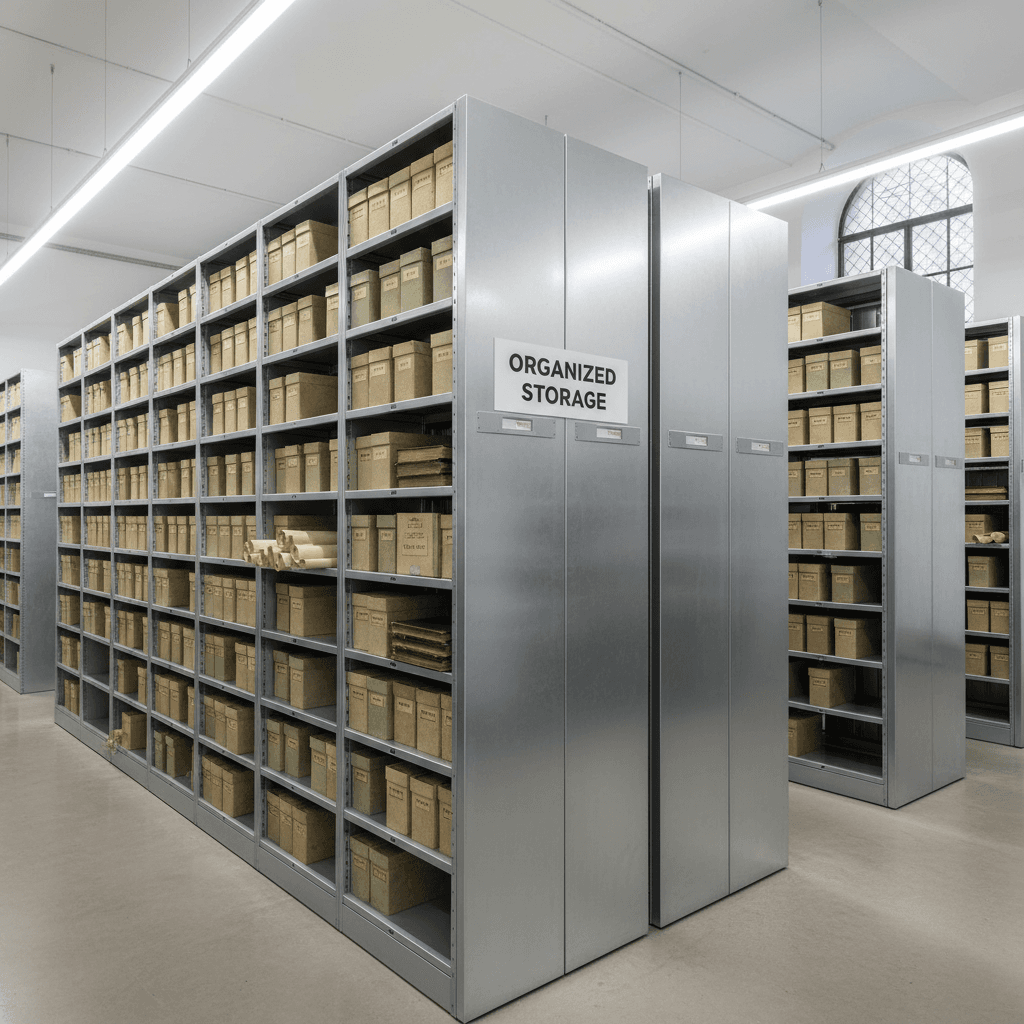 Archive room with mobile compactor shelving systems organized storage