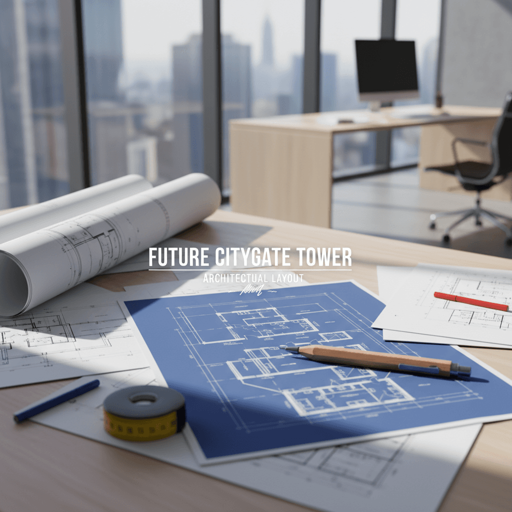 Architect plan and blueprint on desk with pencil and measuring tape in modern office