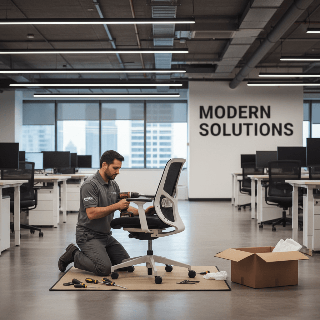 professional installing office chair in corporate workspace