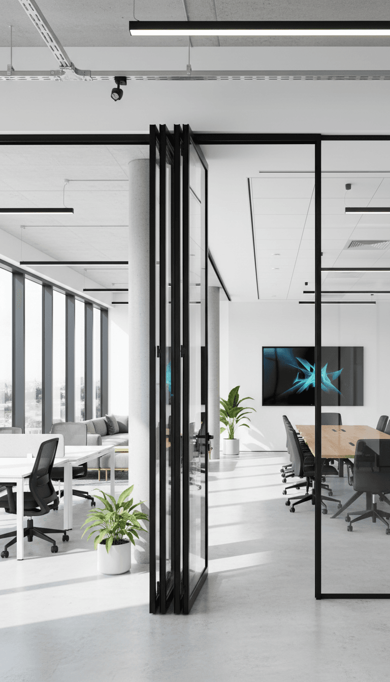 Operable wall system dividing a bright modern office space