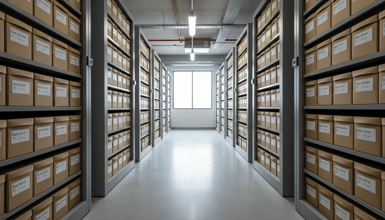 Rows of mobile compactor shelving in a spacious archive room with natural light