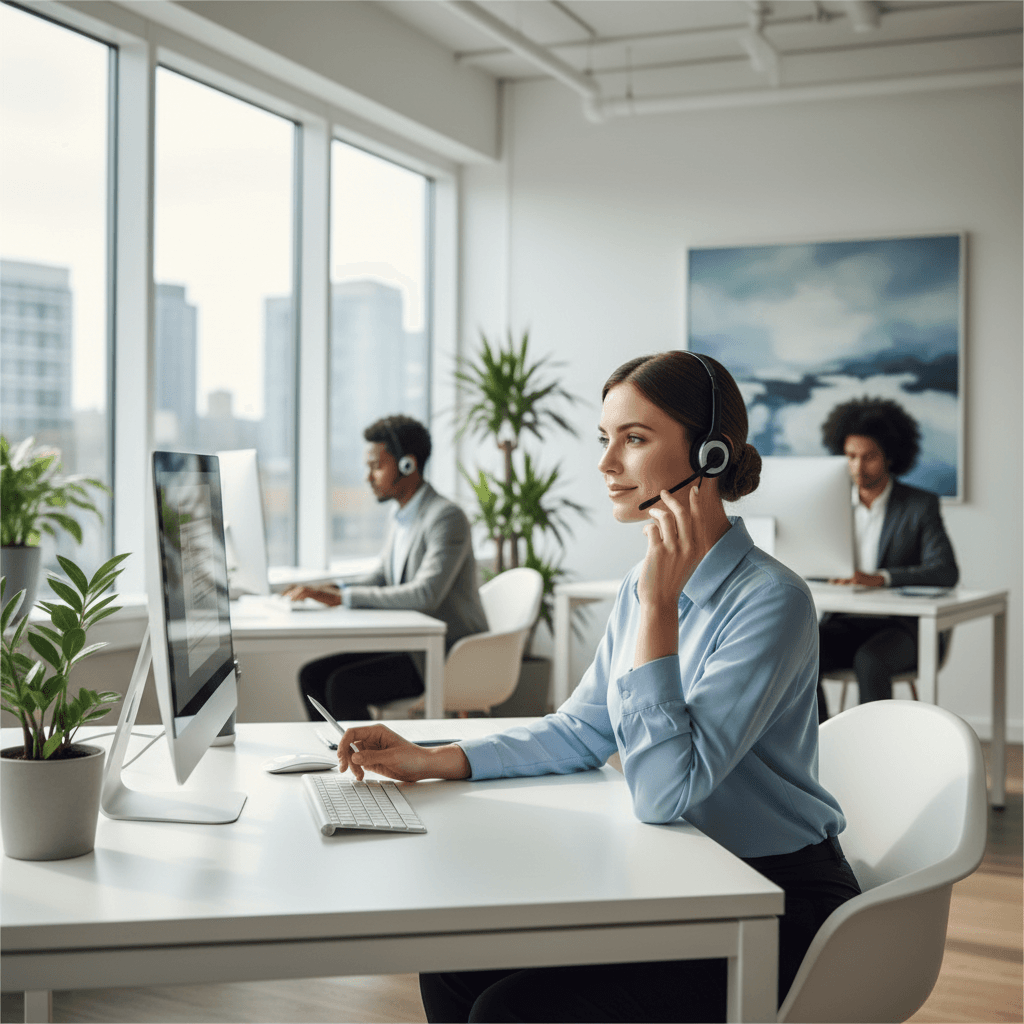 customer service representative speaking on phone in bright office with calm expression
