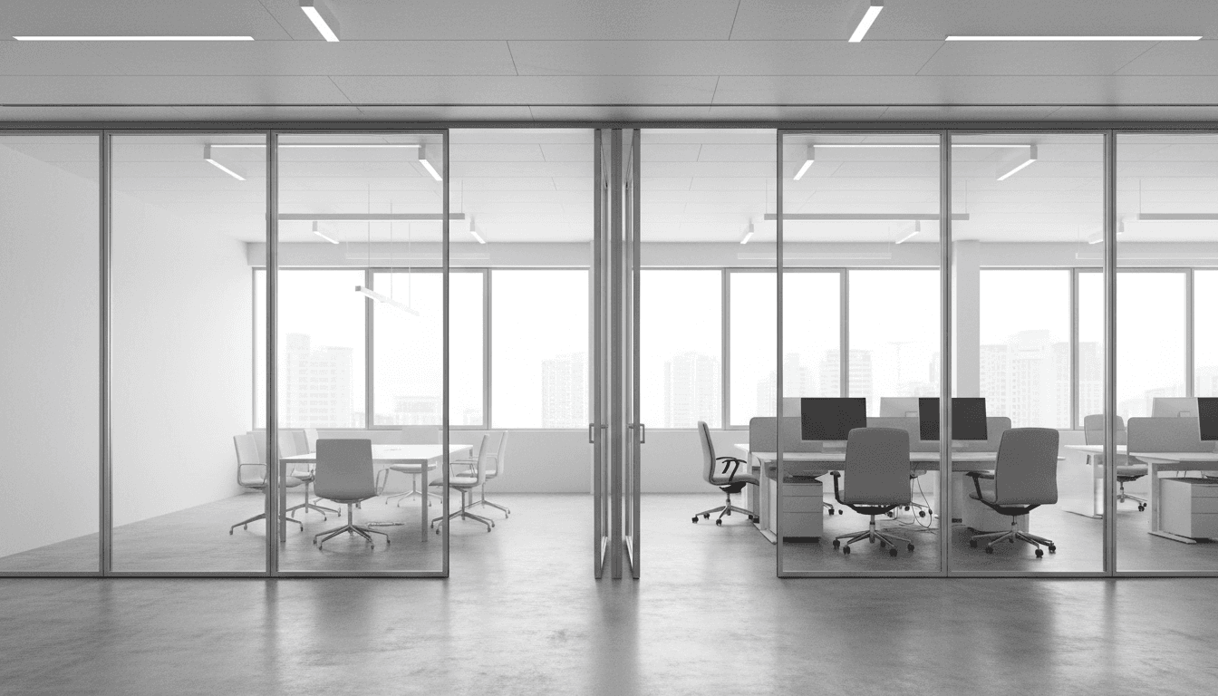 Operable partition wall system dividing a bright office space
