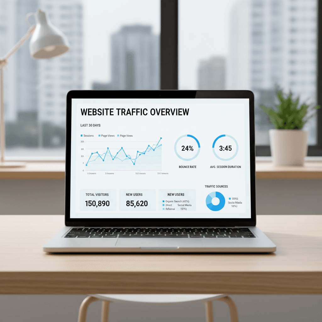 Website analytics dashboard displayed on a laptop in a modern office setting