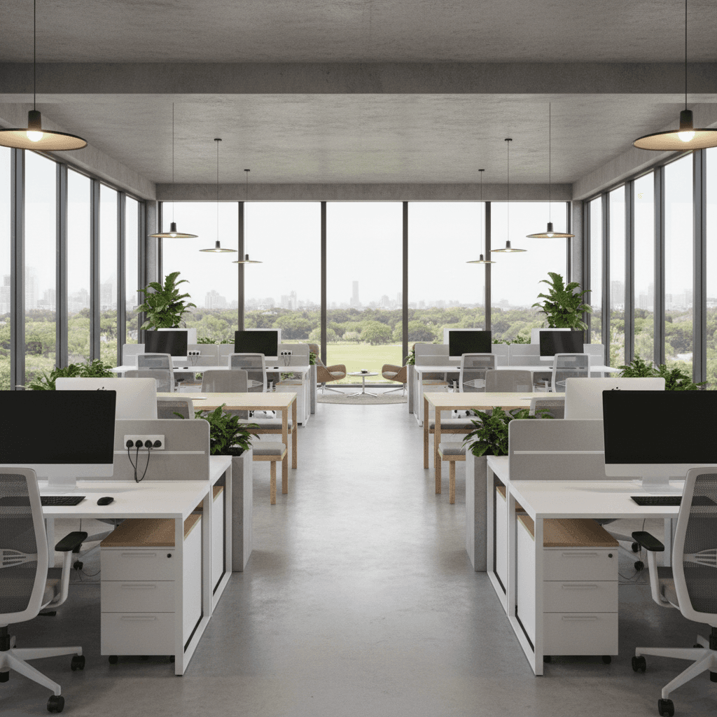 modern open plan office with workstations and desking natural light
