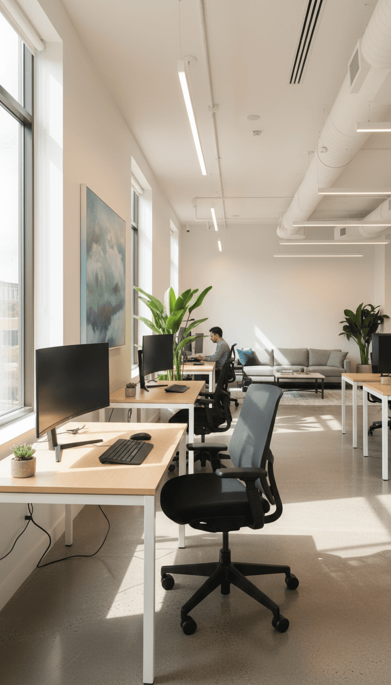 Spacious office interior with desks and chairs arranged in an open layout