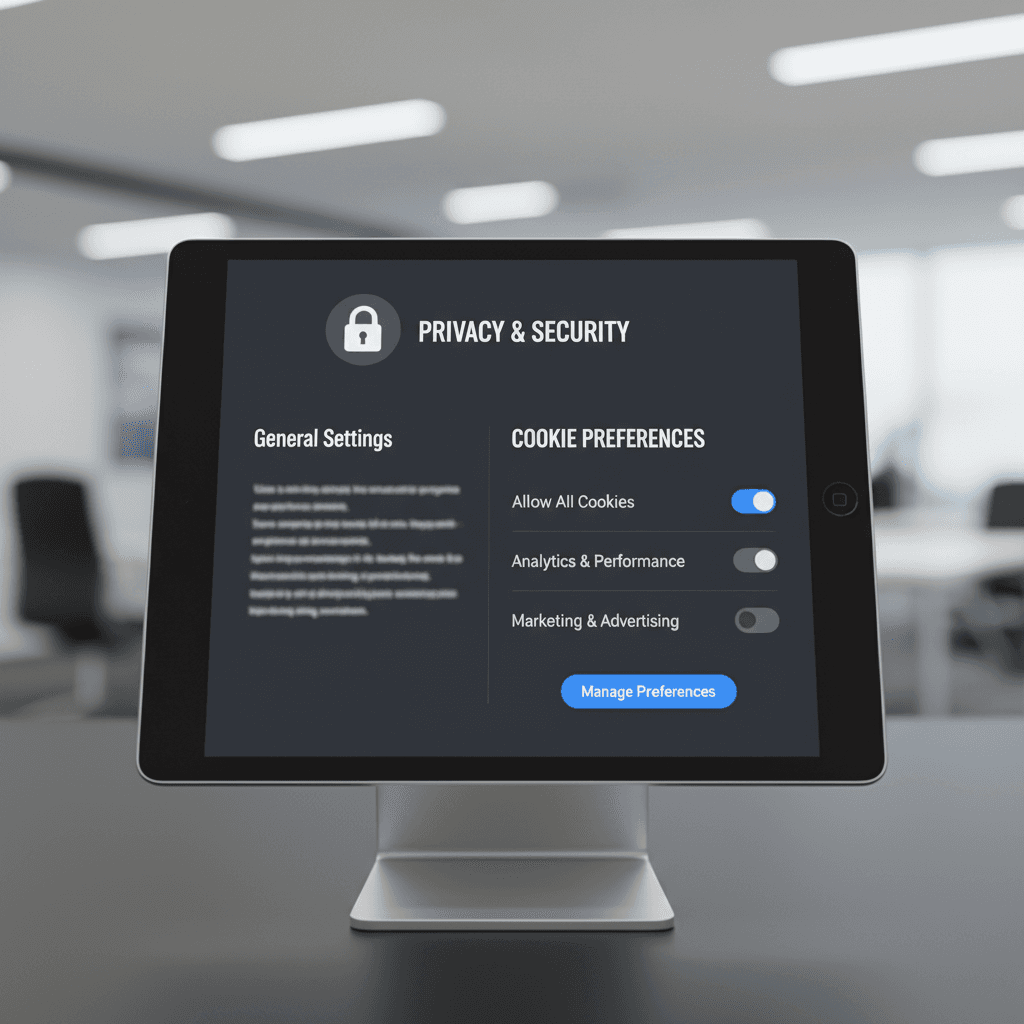 Privacy settings interface showing cookie preferences on a tablet device