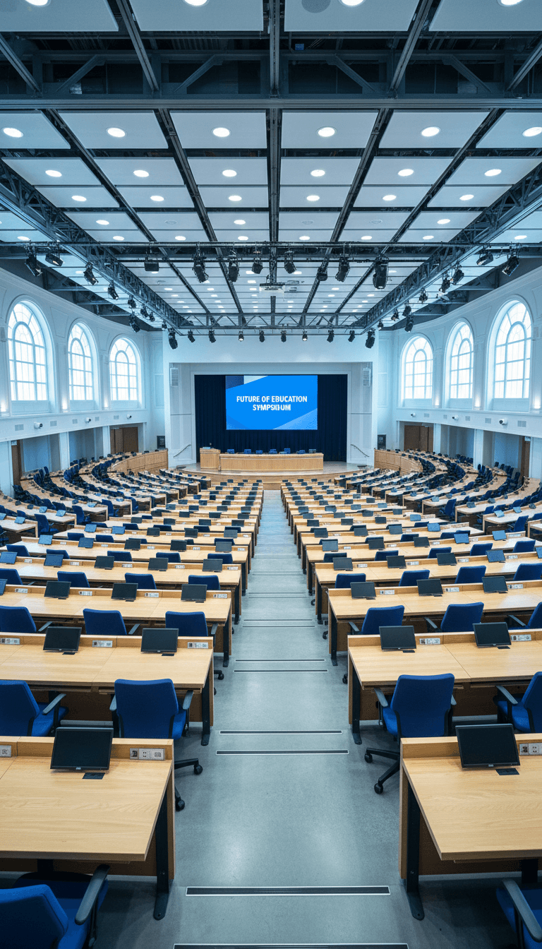 Large lecture hall with desks and tiered theater seating under bright lights