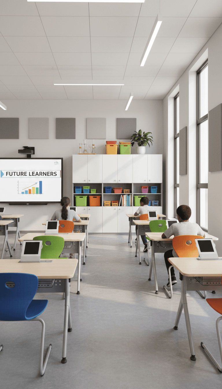 Educational institution classroom with seating and storage