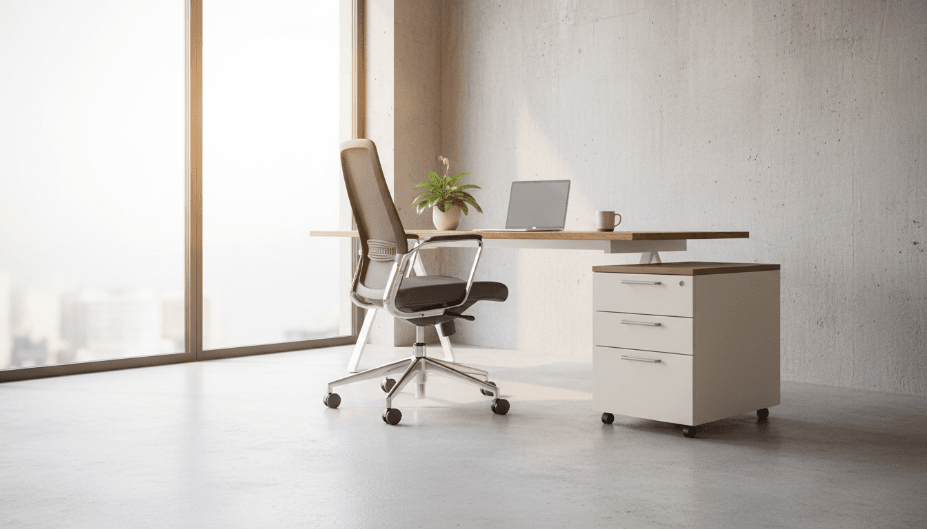 Bright open office with workstations and storage systems