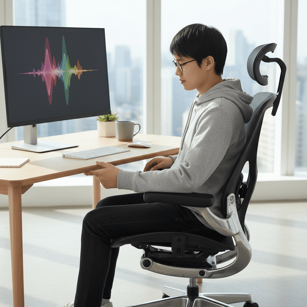 Person adjusting armrest on ergonomic chair