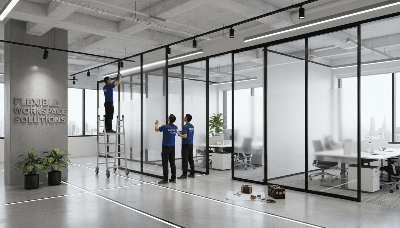 Modern office with operable partition walls and professional installation.