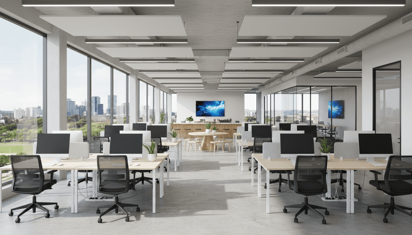 spacious modern office interior with workstations and chairs in natural light