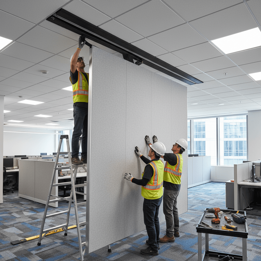 Installation of acoustic top seal on operable wall panel in commercial office setting