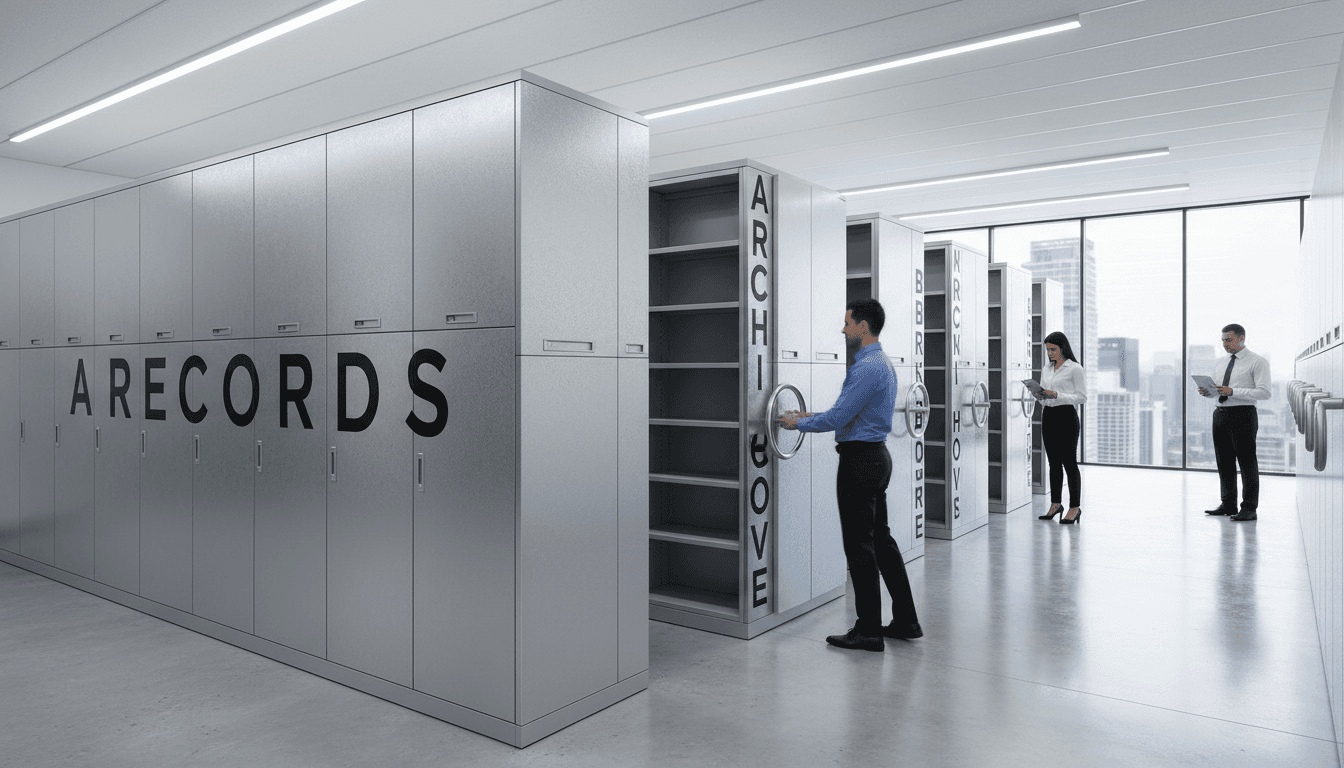High-density mobile compactor shelving system in a modern archive room