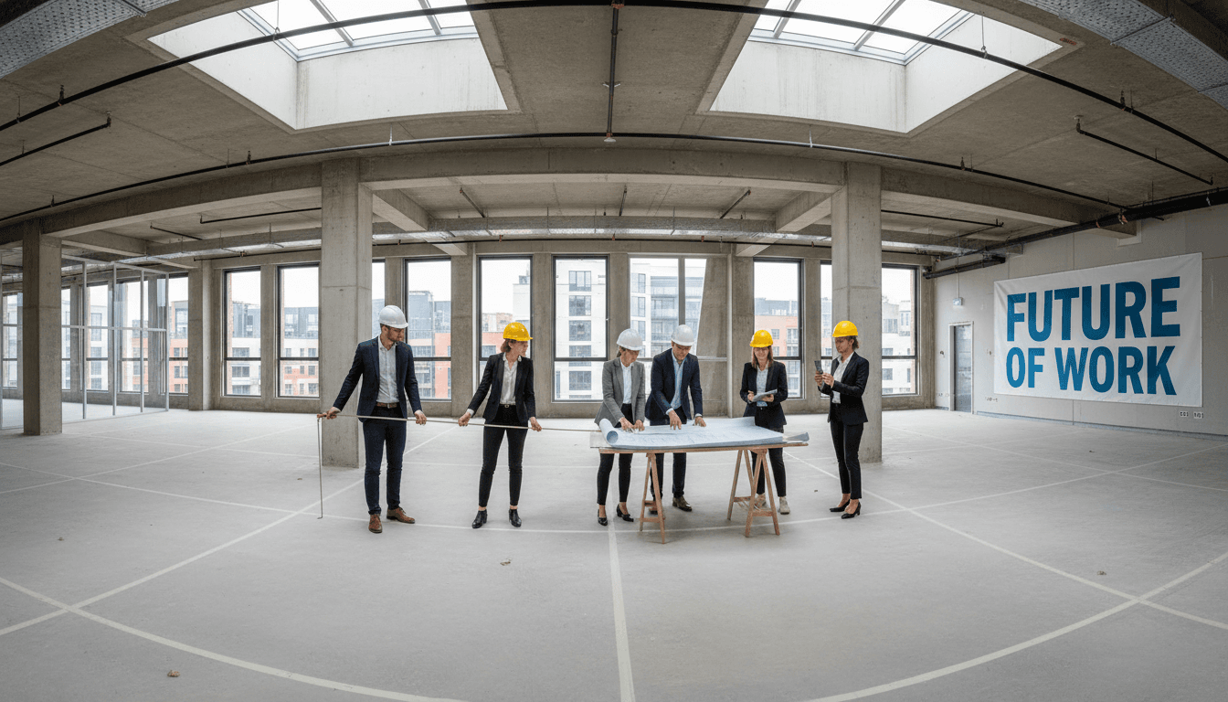 Team measuring an office space during a site walkthrough