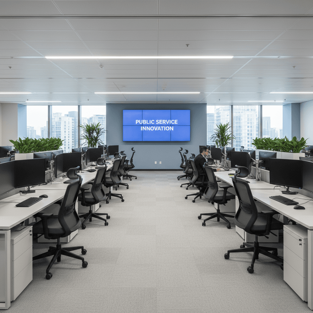 Government office with rows of workstations and ergonomic chairs bright professional setting