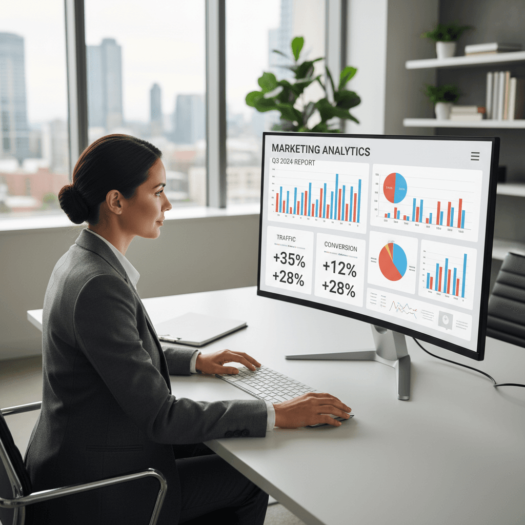 Marketing professional reviewing campaign performance on a computer