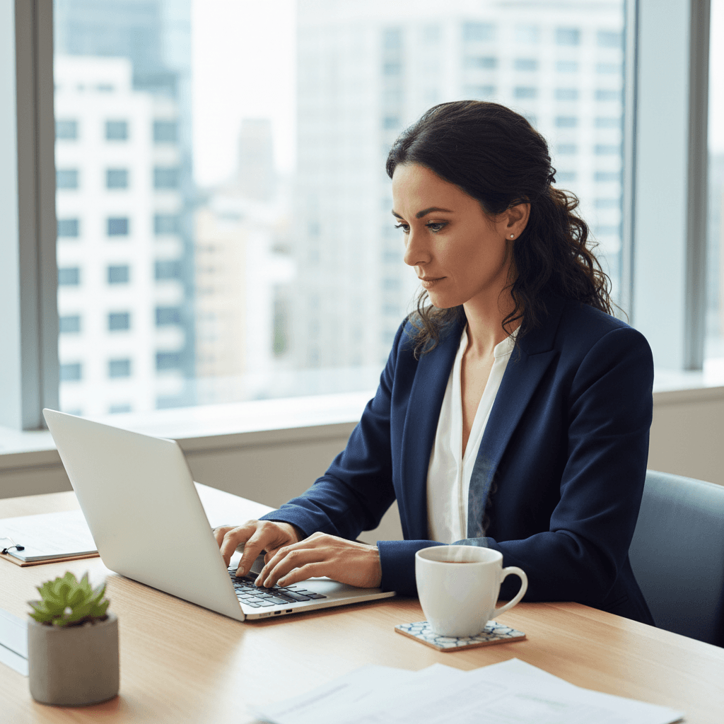Professional office worker typing on laptop with cup of coffee on desk