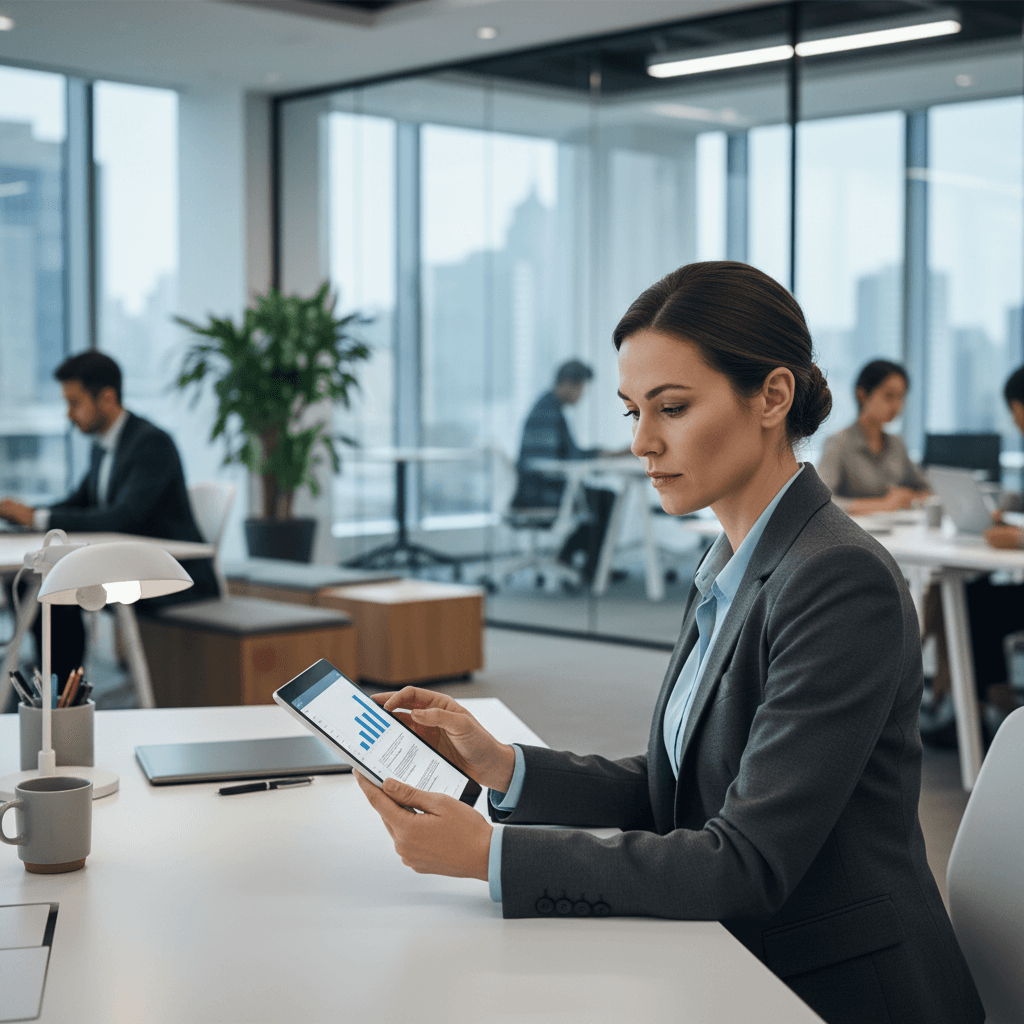 professional office worker reviewing document on tablet with modern corporate interior