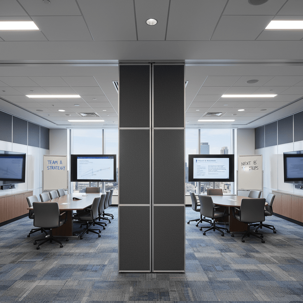 Wide view of operable partition wall dividing a conference room into two spaces