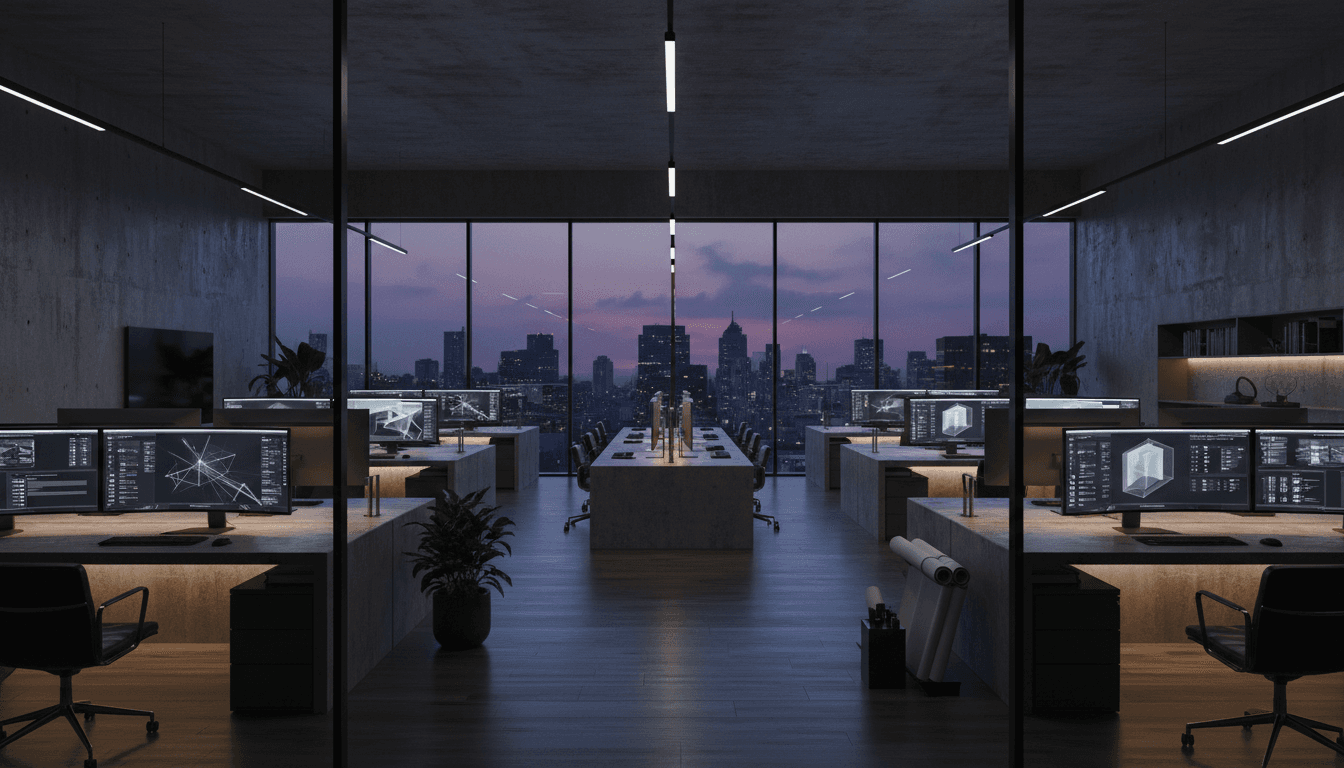 Finished office interior with modular workstations at dusk