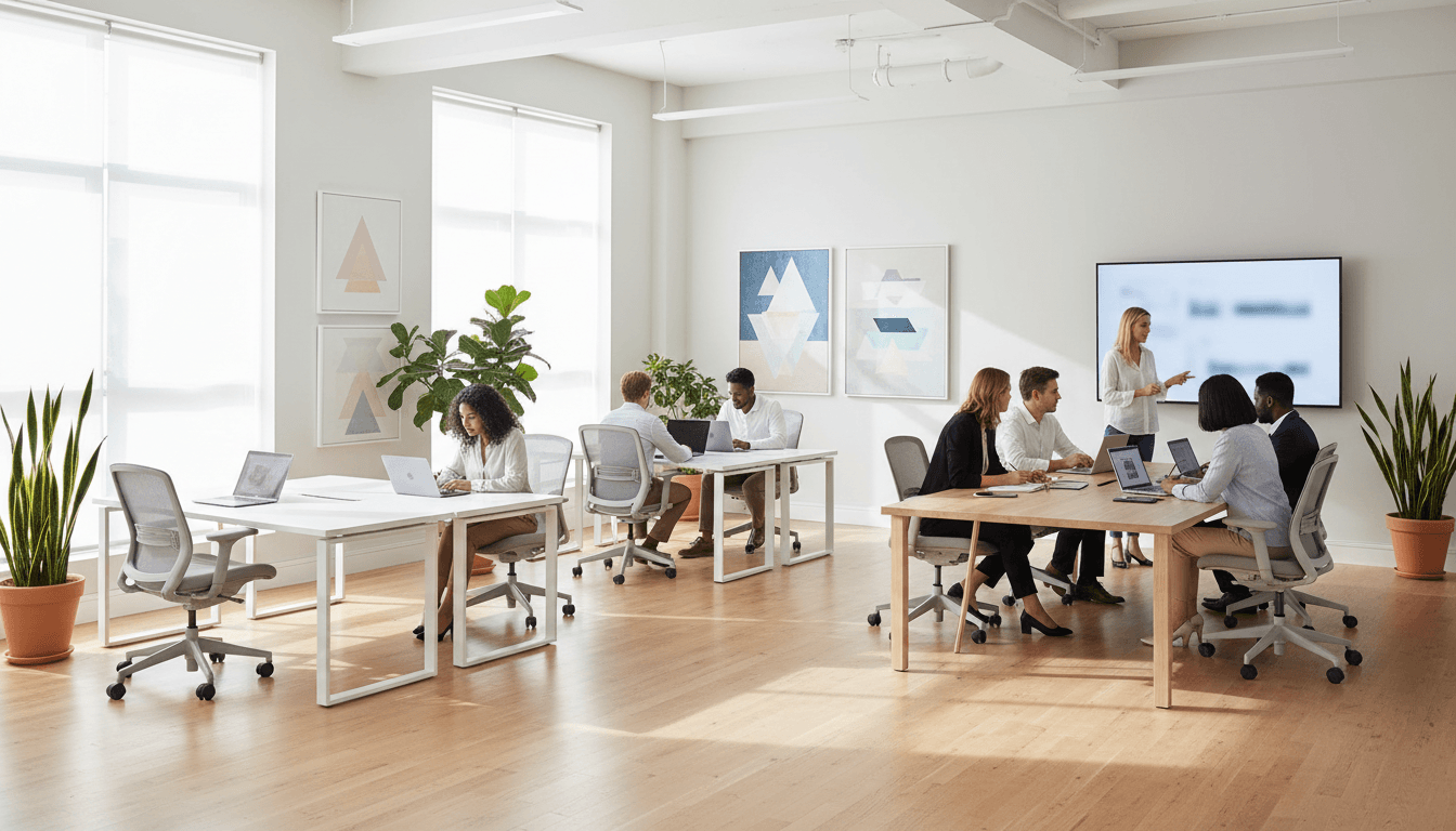 Newly installed office interior with desking and seating in an open-plan layout